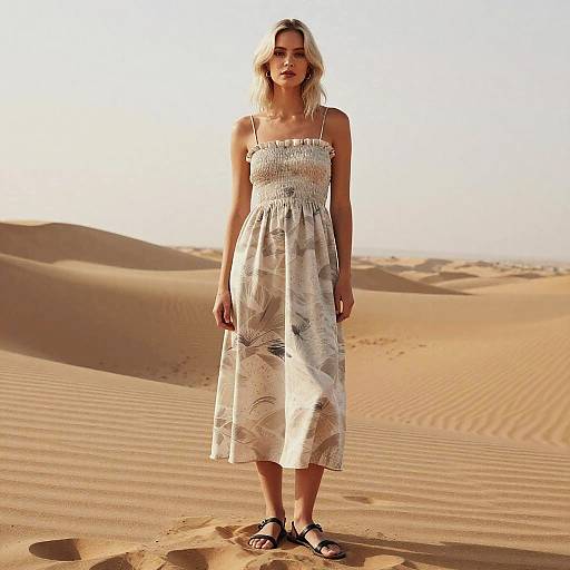 Photograph of a blonde woman in a white floral sundress standing in a sunlit desert with rippled sand dunes. She wears black sandals,
