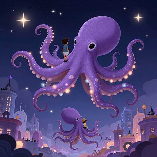 Whimsical digital illustration of a child standing on a large, glowing purple octopus above a colorful, starry cityscape with smaller octopuses
