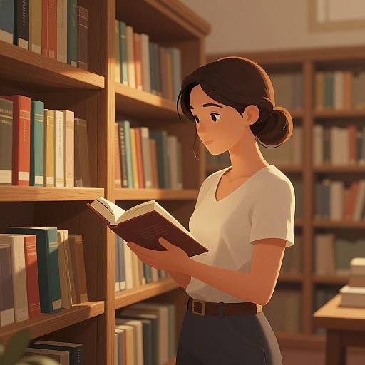 Digital illustration of a young woman with brown hair in a bun, wearing a white shirt and blue skirt, reading a book in a sunlit library.