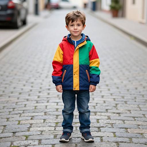 Photograph of a young boy with brown hair, wearing a colorful jacket (red, yellow, green, blue), blue jeans, and black shoes,