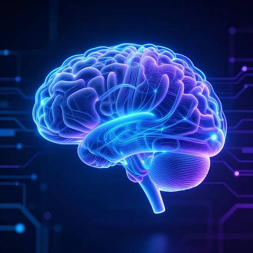 Digital CGI of a glowing blue and purple human brain with intricate neon lines against a dark, circuit-board background.