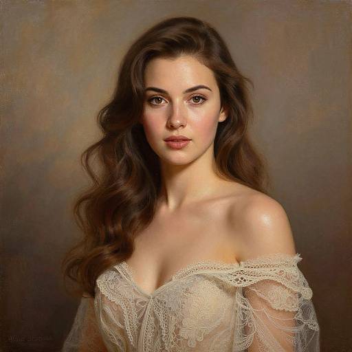 Digital portrait of a young woman with long, wavy brown hair, wearing an off-shoulder, lace, white top, against a muted,