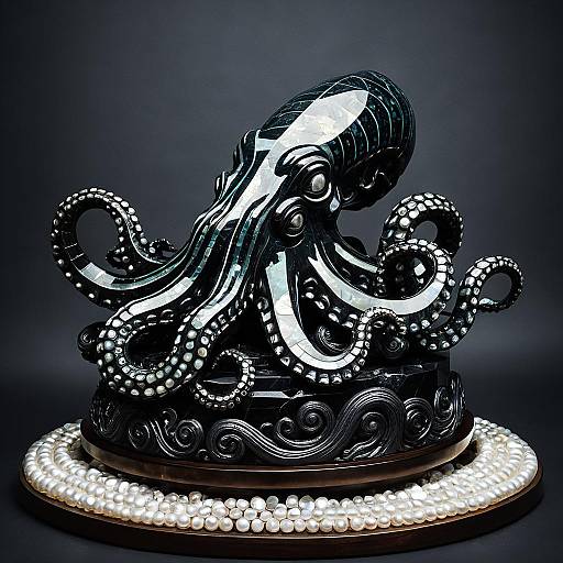 Obsidian Kraken Statue with Mother-of-Pearl Inlay