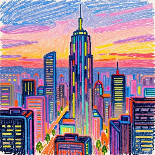 Vibrant digital drawing of a cityscape at sunset, featuring a tall skyscraper with colorful lights, surrounded by glowing buildings and a pink-orange sky
