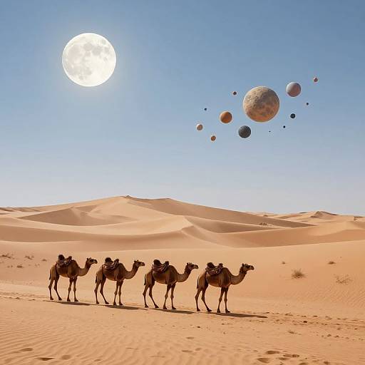 Photograph of six camels in line across a sunlit, sandy desert with rolling dunes; a bright sun and floating planets in the clear blue