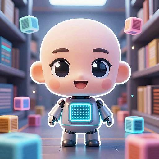 Cheerful Chibi Robot Librarian Scene