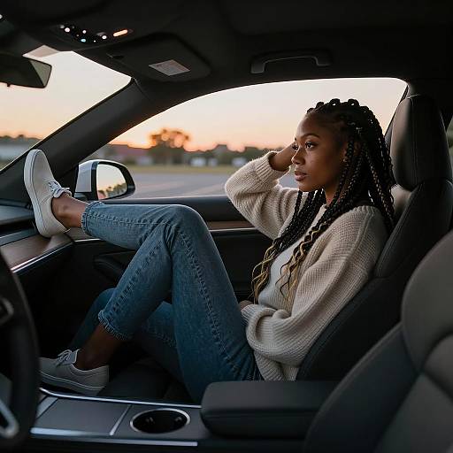 Black Woman Relaxing in Car at Sunset