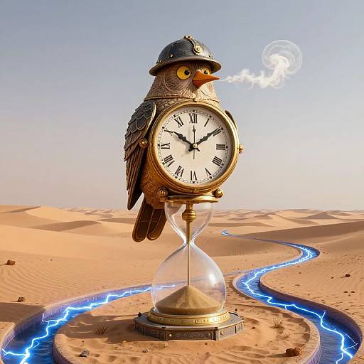 Photograph of an ornate owl clock with a clock face on a desert sand dune, glowing blue trail beneath, exhaling smoke, under a