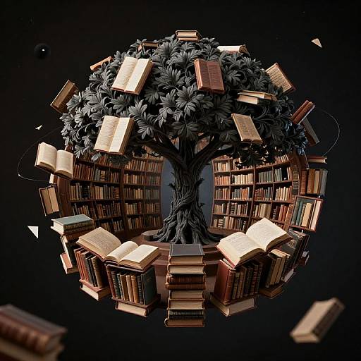 Digital artwork: A black, leafy tree with floating, open books encircles a central trunk, set against a dark background. Books vary in size