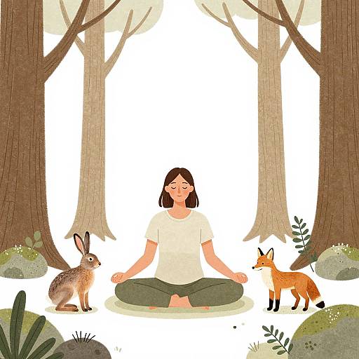Illustration of a calm woman in a white shirt and green pants, meditating cross-legged between a rabbit and a fox in a forest with tall trees
