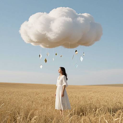 Photograph of a woman in a white dress standing in a golden field, gazing at a floating, cloud-shaped object with falling geometric shapes against a