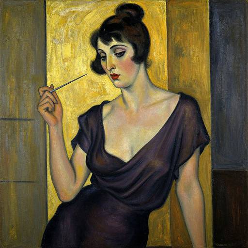 Oil painting of a fair-skinned woman with dark hair in a bun, wearing a black, low-cut dress, holding a cigarette, against a golden