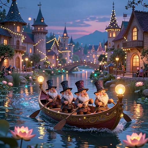Photograph-style digital illustration of four bearded elves in top hats rowing a wooden boat with torches on a magical, illuminated, fairy-tale