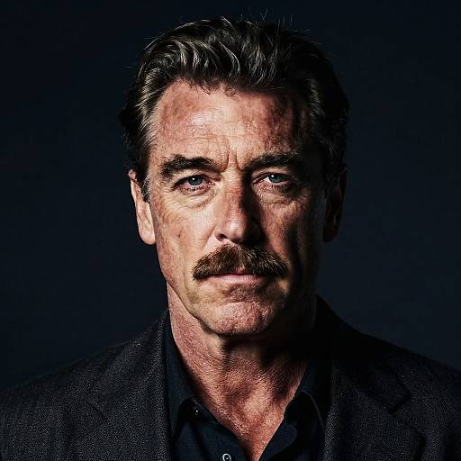 Photograph of a middle-aged man with a rugged face, thick mustache, dark hair, and intense gaze, wearing a dark suit against a black