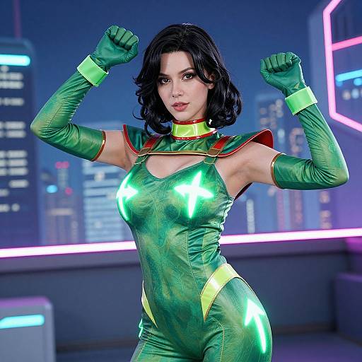 CGI image of a confident, black-haired woman in a shiny green, form-fitting superhero suit with gloves, posing in a futuristic cityscape.