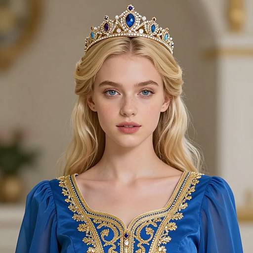Blonde Girl in Blue Dress with Crown