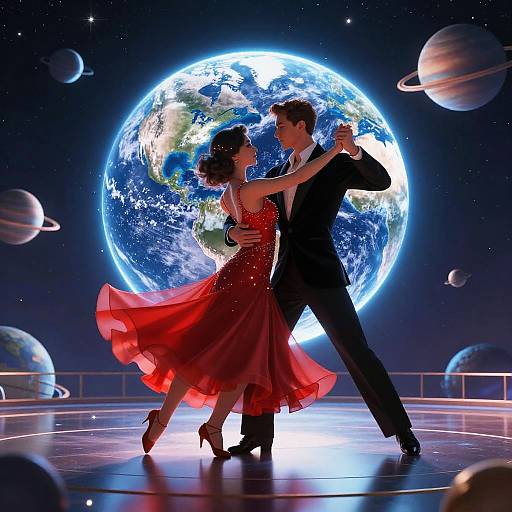 Digital artwork of a dancing couple in a red and black formal attire, backlit by a glowing Earth with planets, against a starry space background.