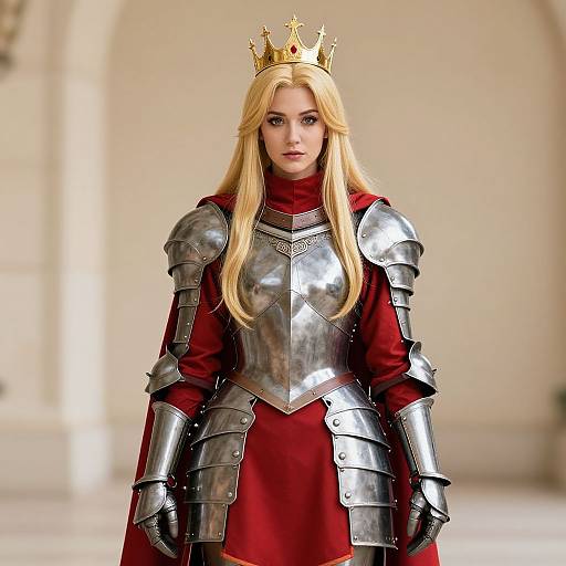 Photograph of a blonde woman with long hair, wearing a gold crown, red cape, and silver medieval armor, standing in a bright, blurred,