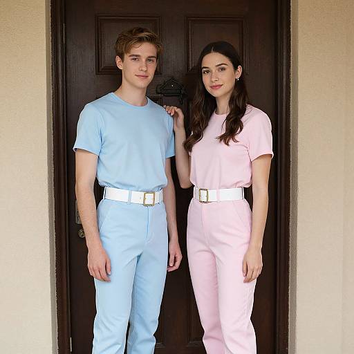Photograph of a young white couple standing side-by-side in front of a dark wooden door. He wears light blue pants and shirt, she in pink