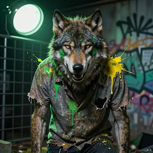 Anthropomorphic Wolf with Torn Shirt and Paint Splatters