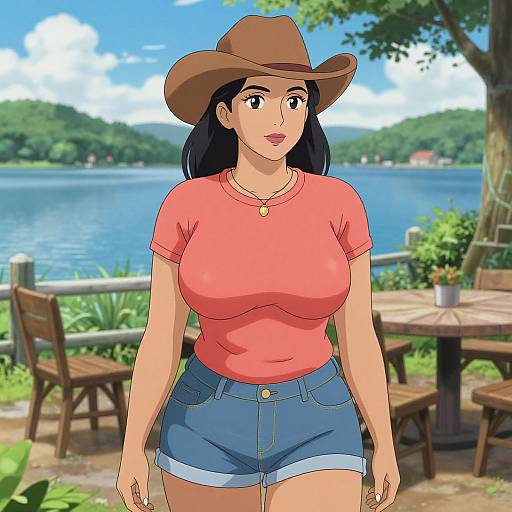 Digital anime-style drawing of a curvy woman with large breasts, wearing a brown hat, red shirt, and blue shorts, standing by a lake with