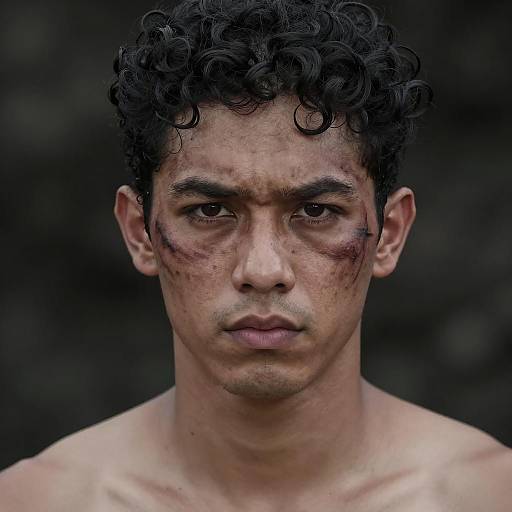 Intense Close-up of Shirtless Man with Facial Scars