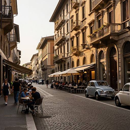 Photograph of a sunlit European street with cobblestones, people dining outside, classic cars parked, and charming buildings with balconies.