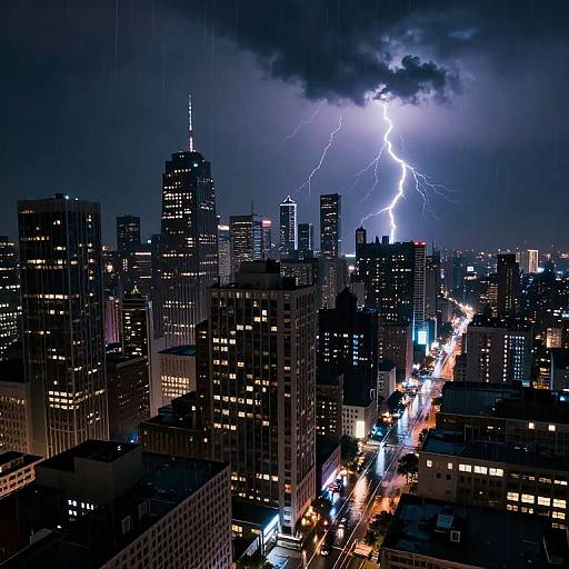 Photograph of a city skyline at night, illuminated by bright lightning bolt in a dark, stormy sky, with city lights and traffic below.