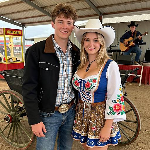 Photograph of a smiling young couple in cowboy attire; he wears a black jacket and plaid shirt, she in a white hat and colorful dirndl