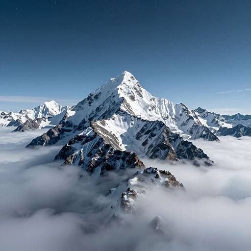 Photograph of a towering, snow-capped mountain peak surrounded by a sea of clouds, with clear blue sky above and rugged, dark rocky terrain below