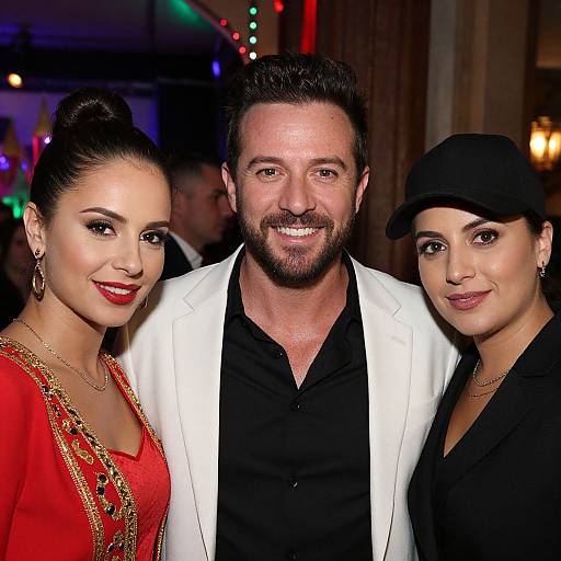 Photograph of three smiling individuals: a bearded man in a white blazer, a woman with black hair in a red embroidered dress, and another