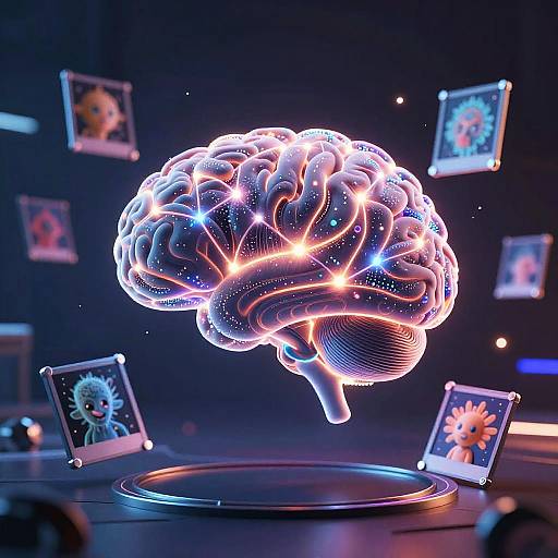 Neon-lit, glowing brain sculpture with glowing highlights, surrounded by floating, illuminated photographs of cute, cartoon-like characters in a dark room.