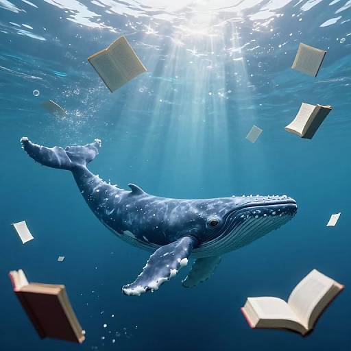 Photograph of a blue whale swimming underwater, surrounded by floating open books, with sunlight streaming from above, creating a magical, literary seascape.