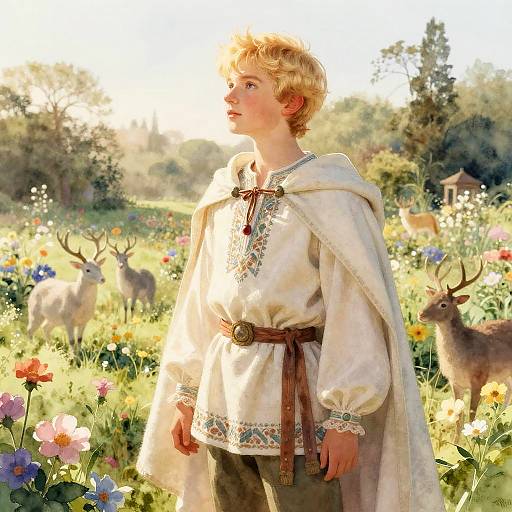 Photograph-like digital painting of a young boy with blond hair, wearing a white embroidered shirt and cape, standing in a sunlit meadow with deer