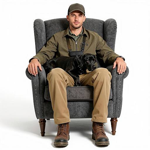 Man in hunting gear with black dog in armchair