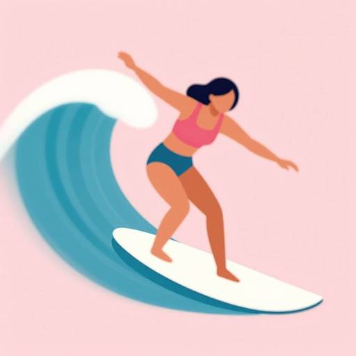 Digital illustration of a woman surfing, wearing a pink crop top and blue shorts, with a large blue wave behind her.