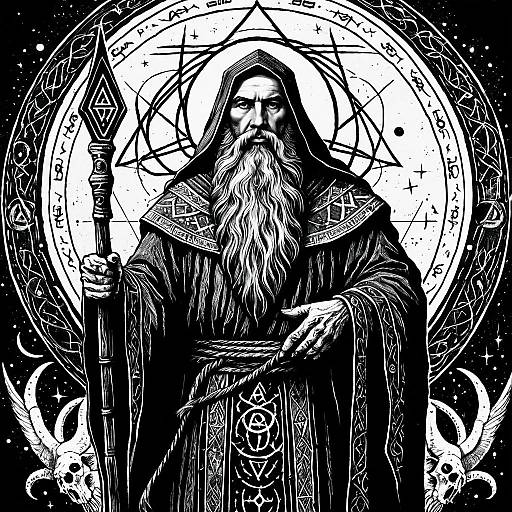 Ink Drawing of Ancient Seer with Staff