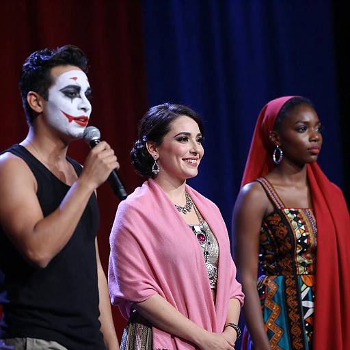 Three Performers on Colorful Stage