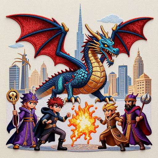 Colorful digital illustration of five wizards and a blue dragon with red wings, conjuring fire in front of a cityscape backdrop.