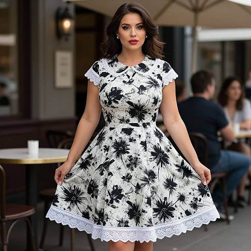 Photograph of a dark-haired woman with red lipstick, wearing a black and white floral dress with lace trim, standing outdoors at a café with blurred patrons