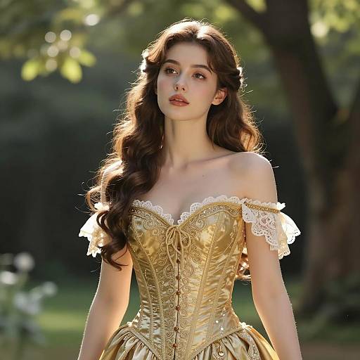 Woman in Gold Corset Dress in Garden