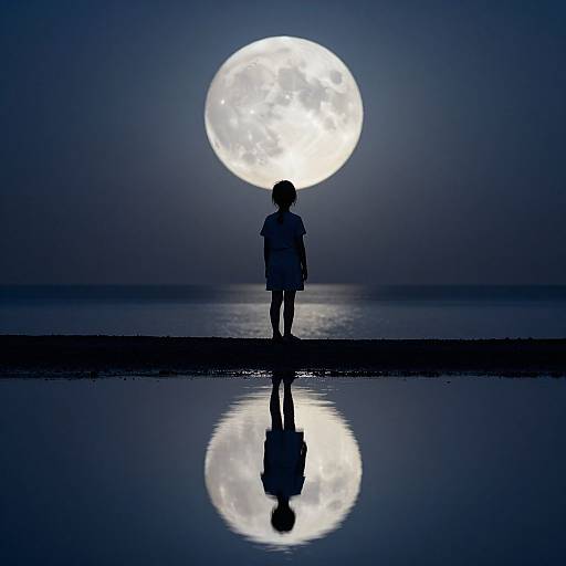 Silhouette of a child standing on a reflective shore, gazing at a full moon in a dark, midnight-blue sky.