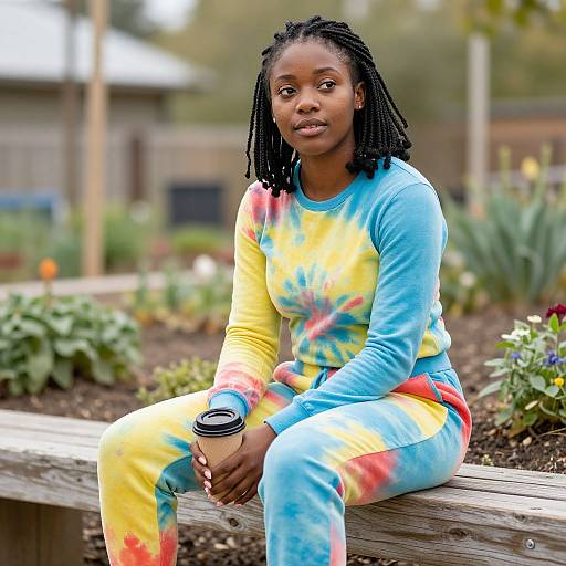 Photograph of a Black woman with braided hair, wearing a tie-dye blue, yellow, and red long-sleeve shirt and pants,