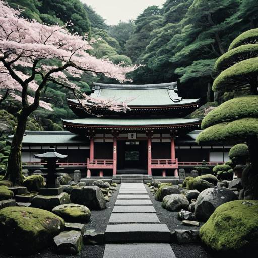 Japanese Shinto Shrine with Moss and Rock Garden