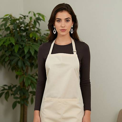 Photograph of a young South Asian woman with dark hair, wearing a black long-sleeve shirt and white apron, standing in front of a