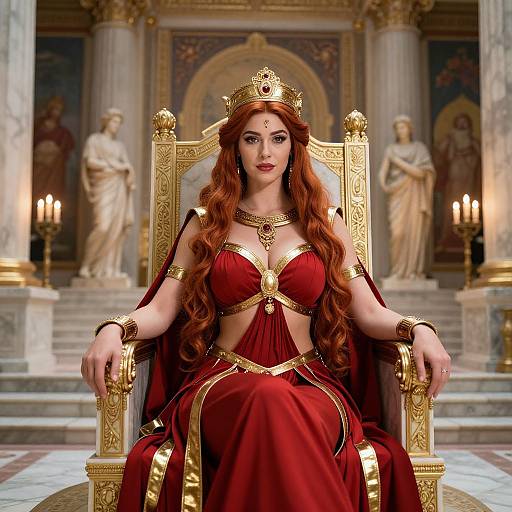 Photorealistic digital artwork of a regal red-haired woman in a gold-trimmed red gown, seated on an ornate throne, in a