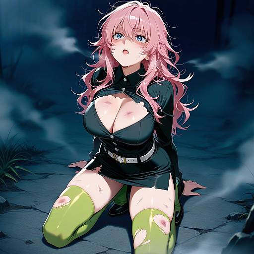 Anime-style digital illustration of a pink-haired woman with large breasts, blue eyes, wearing a black outfit with a deep cleavage, green torn thigh-high