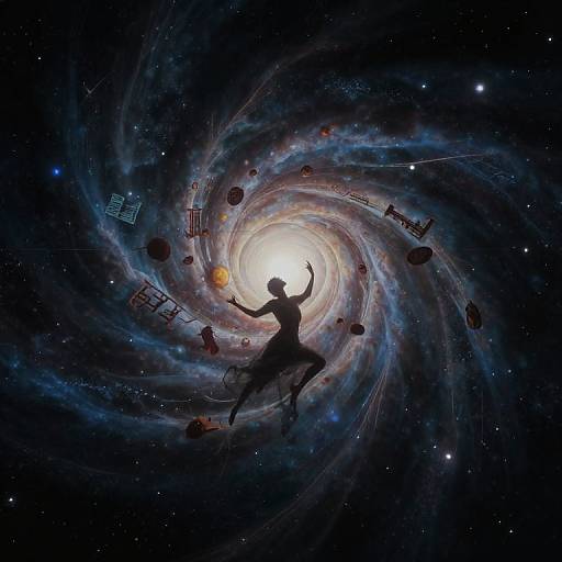 Silhouetted dancer in a flowing dress leaps through a swirling, colorful galaxy with floating books, planets, and stars. Digital art.