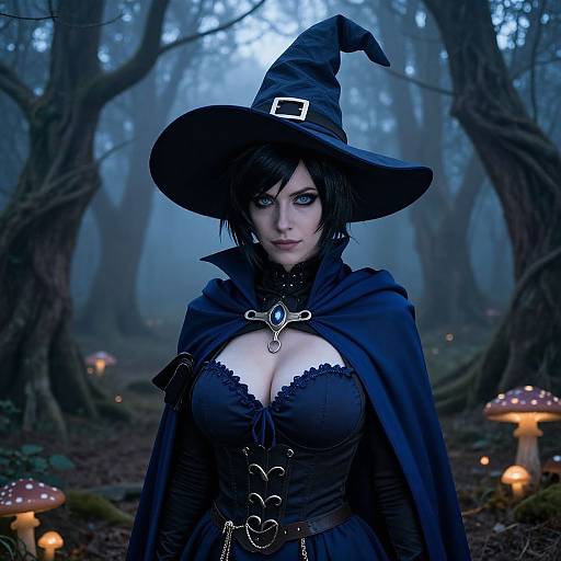 Digital art of a sexy witch with blue eyes, black lace dress, and hat, standing in a foggy forest with glowing mushrooms.