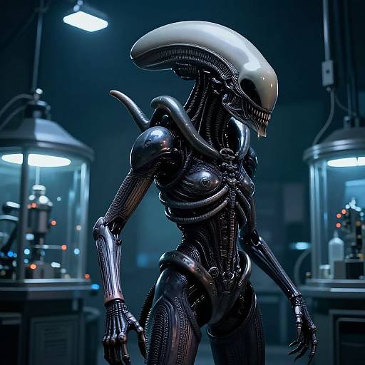 Photorealistic CGI of a sleek, black, humanoid alien with a glossy, elongated head, standing in a dark, sci-fi lab with glowing